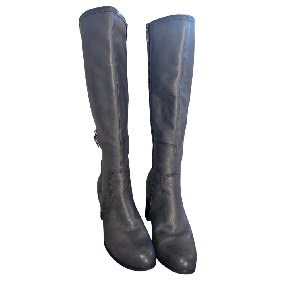 Tamaris Boots Women 38 Grey Leather Tall Knee High Block Heel‎ Ribbed Moto Style
